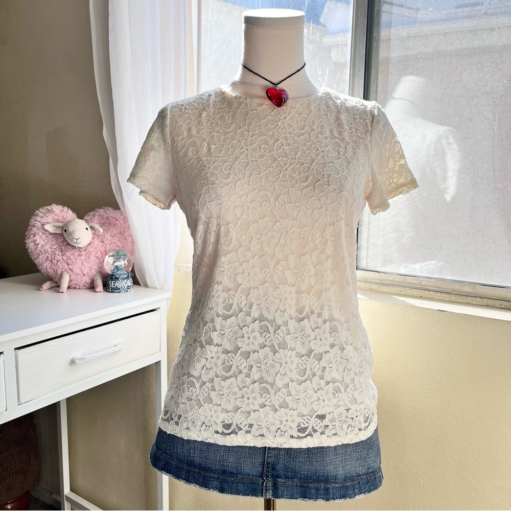 Talbots whimsy coquette floral lace white short sleeve top women’s small